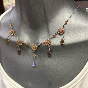 Vintage-Inspired Floral Necklace with Brown and Silver Accents